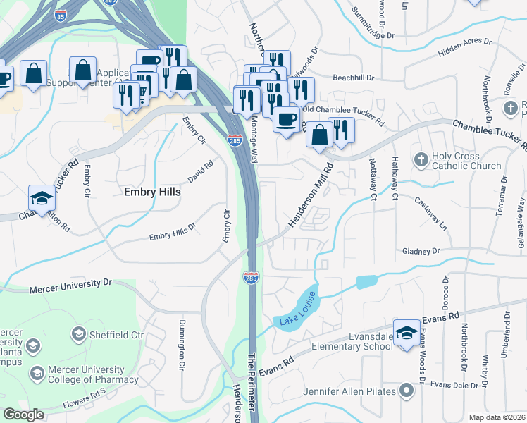 map of restaurants, bars, coffee shops, grocery stores, and more near 3220 Henderson Mill Road in Chamblee