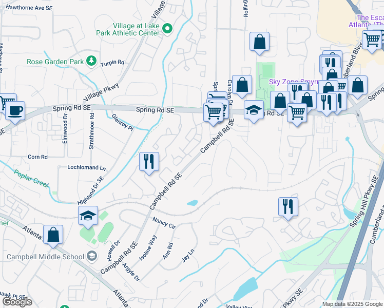 map of restaurants, bars, coffee shops, grocery stores, and more near 2002 Country Park Drive in Smyrna