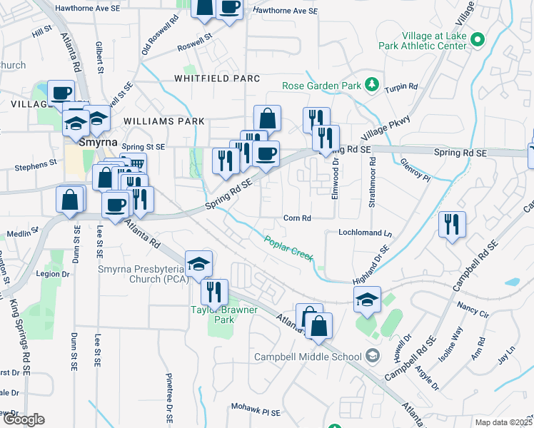 map of restaurants, bars, coffee shops, grocery stores, and more near 2999 Jonquil Drive in Smyrna