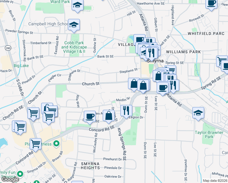 map of restaurants, bars, coffee shops, grocery stores, and more near 1143 Love Street in Smyrna