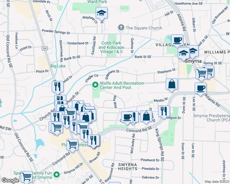 map of restaurants, bars, coffee shops, grocery stores, and more near 3023 Clifton Road in Smyrna