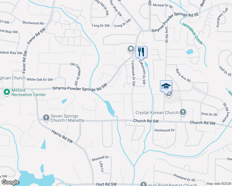 map of restaurants, bars, coffee shops, grocery stores, and more near 238 Robbie Lane in Marietta