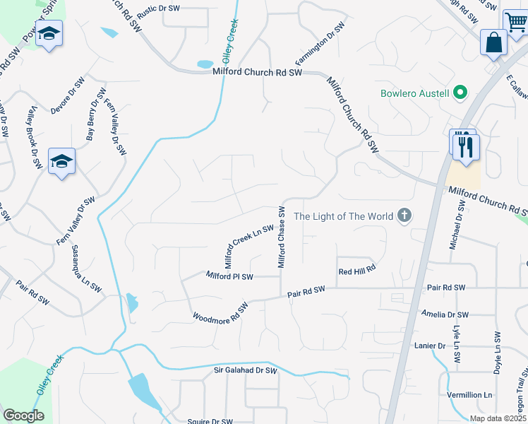 map of restaurants, bars, coffee shops, grocery stores, and more near 1520 North Milford Creek Lane Southwest in Marietta