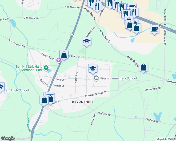 map of restaurants, bars, coffee shops, grocery stores, and more near 12 Trailside Way in Hiram