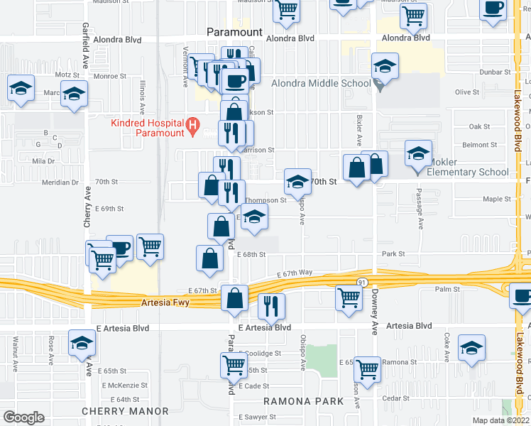 map of restaurants, bars, coffee shops, grocery stores, and more near 2941 East 69th Street in Long Beach