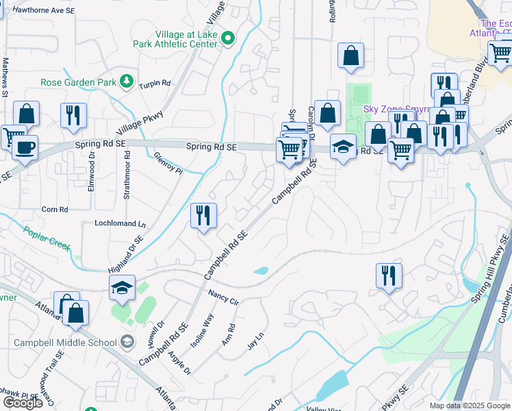 map of restaurants, bars, coffee shops, grocery stores, and more near 2305 Country Park Drive in Smyrna