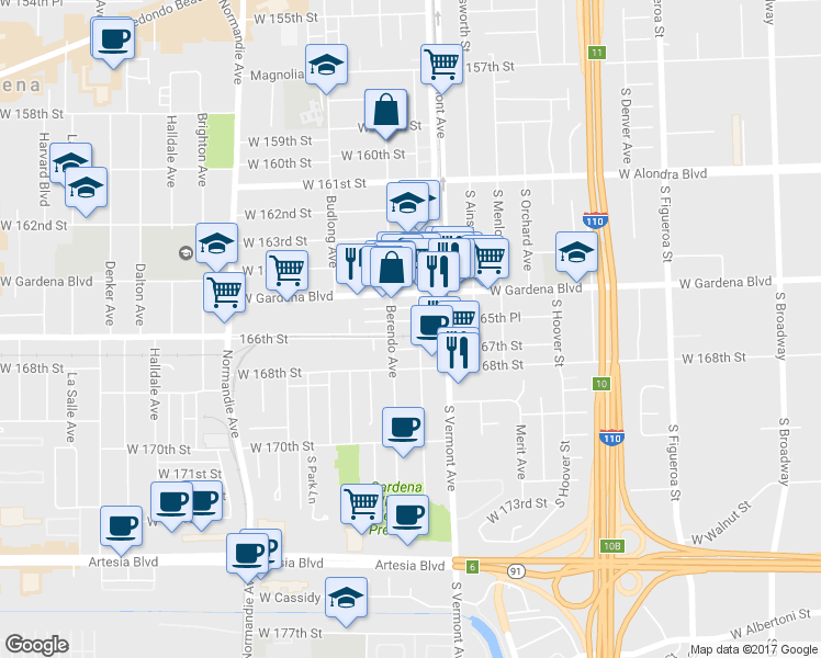 map of restaurants, bars, coffee shops, grocery stores, and more near 1040 West 165th Place in Gardena