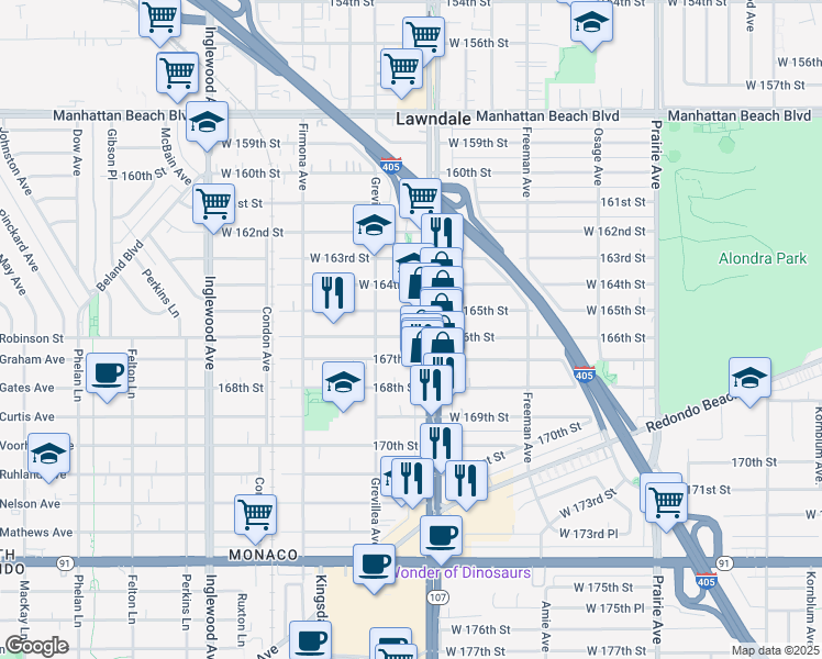 map of restaurants, bars, coffee shops, grocery stores, and more near in Lawndale
