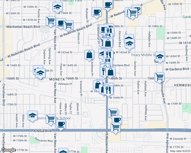 map of restaurants, bars, coffee shops, grocery stores, and more near 1853 166th Street in Gardena