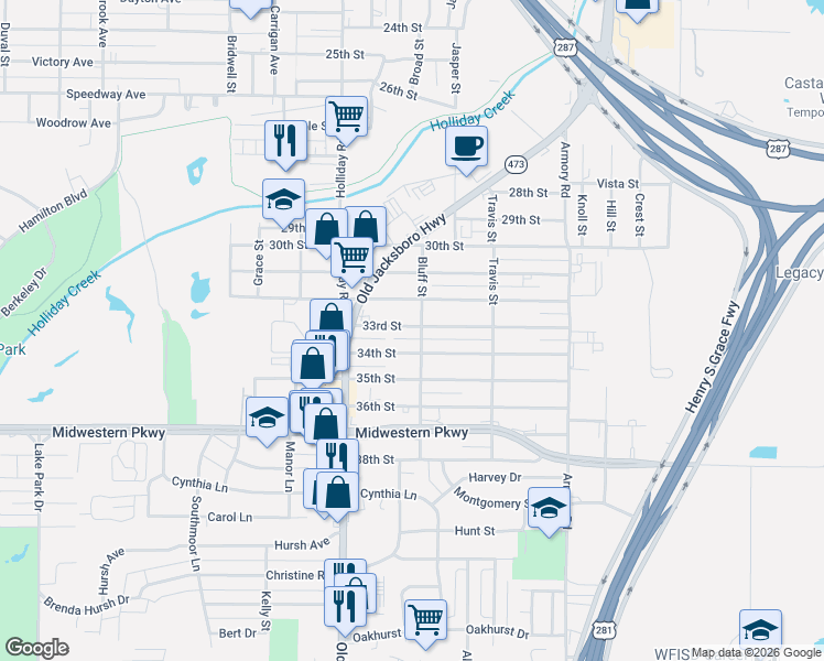map of restaurants, bars, coffee shops, grocery stores, and more near 1403 33rd Street in Wichita Falls