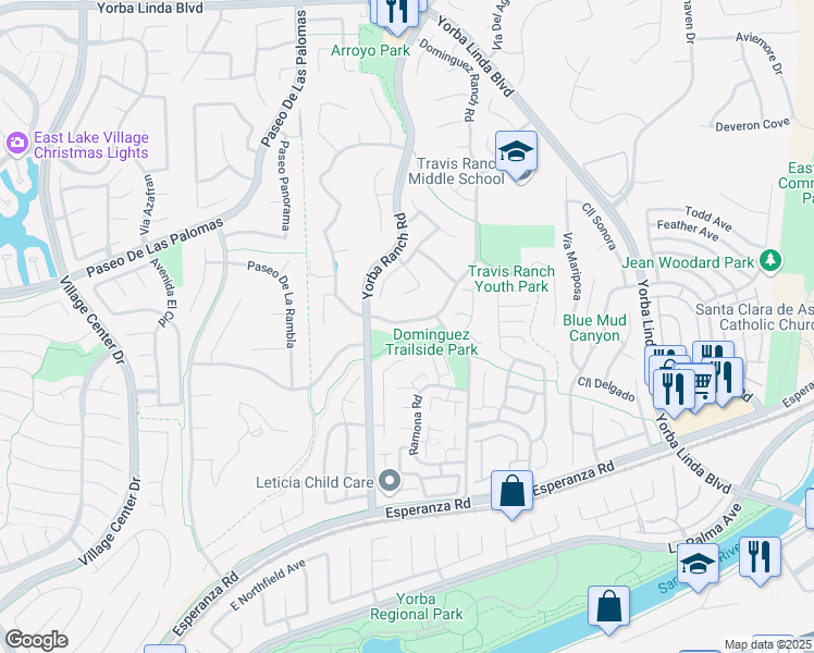 map of restaurants, bars, coffee shops, grocery stores, and more near 21122 Trailside Drive in Yorba Linda