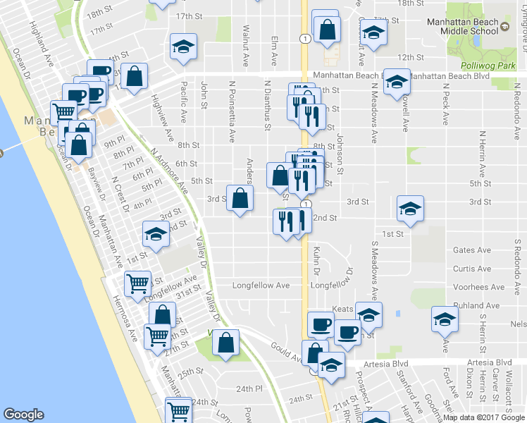 map of restaurants, bars, coffee shops, grocery stores, and more near 207 North Dianthus Street in Manhattan Beach