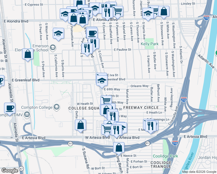 map of restaurants, bars, coffee shops, grocery stores, and more near 45 East 69th Way in Long Beach
