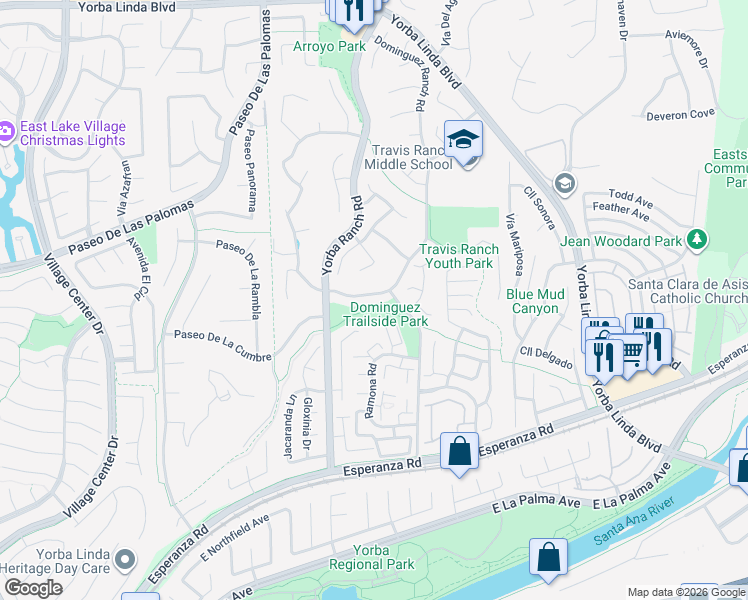 map of restaurants, bars, coffee shops, grocery stores, and more near 21132 Trailside Drive in Yorba Linda