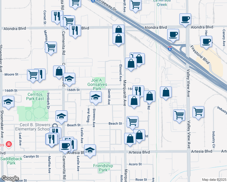map of restaurants, bars, coffee shops, grocery stores, and more near 13711 Joaquin Lane in Cerritos