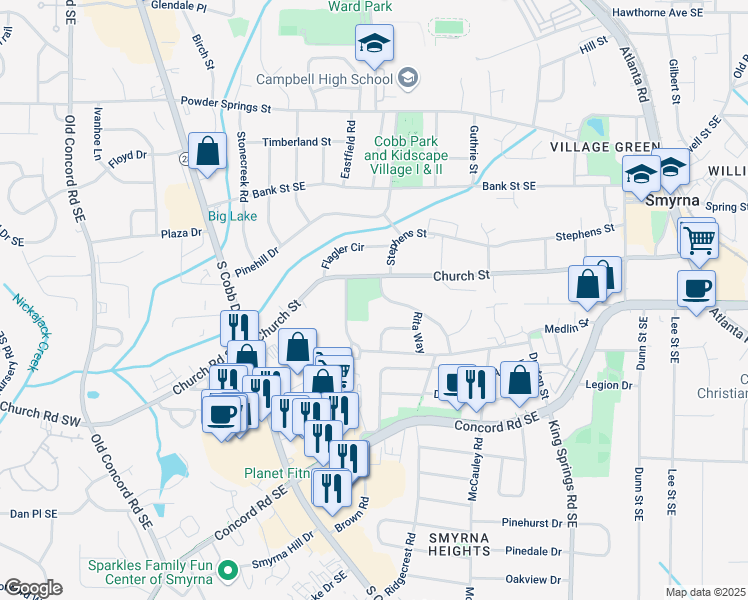 map of restaurants, bars, coffee shops, grocery stores, and more near 3000 Clifton Road in Smyrna