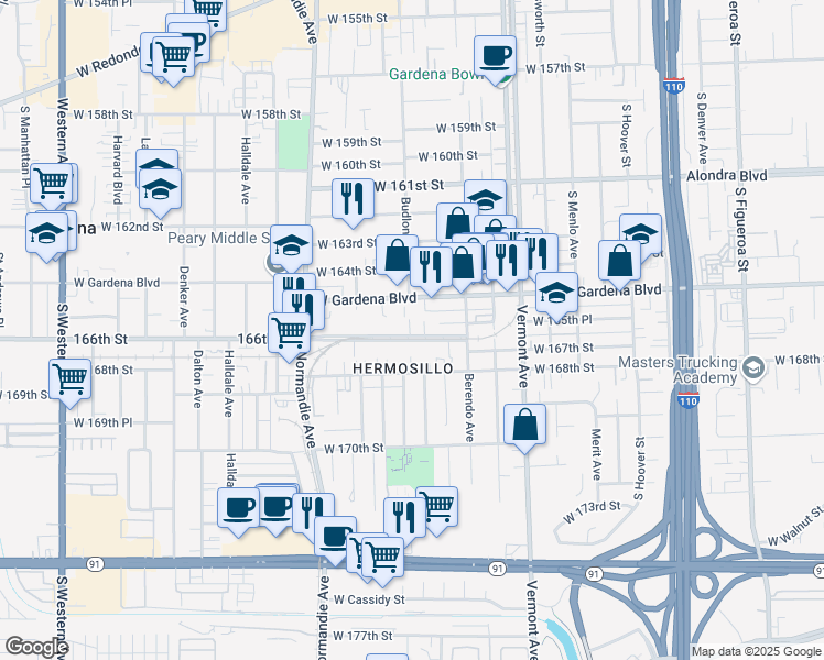map of restaurants, bars, coffee shops, grocery stores, and more near 1203 166th Street in Gardena