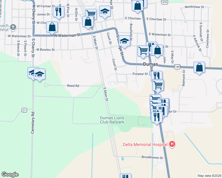 map of restaurants, bars, coffee shops, grocery stores, and more near 525 South Main Street in Dumas