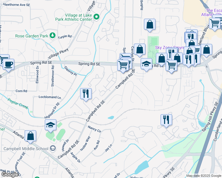 map of restaurants, bars, coffee shops, grocery stores, and more near 2002 Country Park Drive in Smyrna
