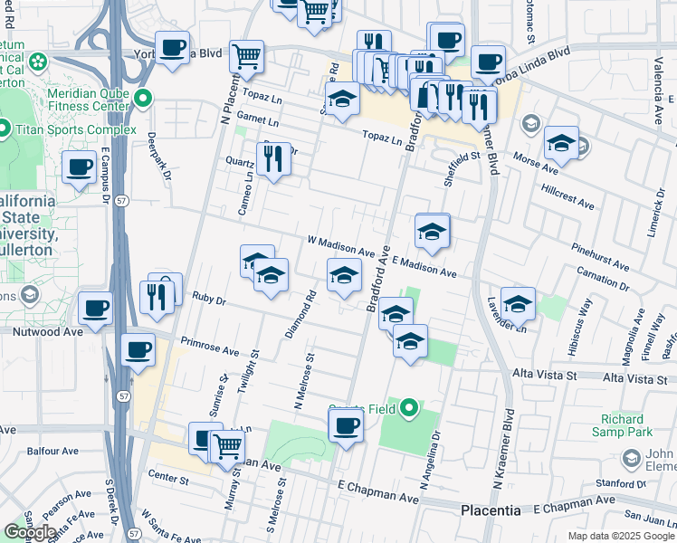 map of restaurants, bars, coffee shops, grocery stores, and more near 916 Diamond Road in Placentia