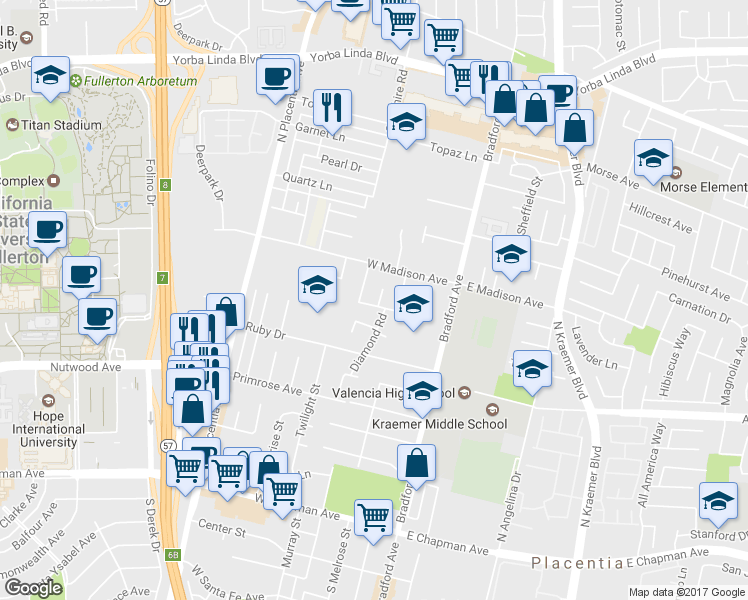 map of restaurants, bars, coffee shops, grocery stores, and more near 905 Jade Circle in Placentia