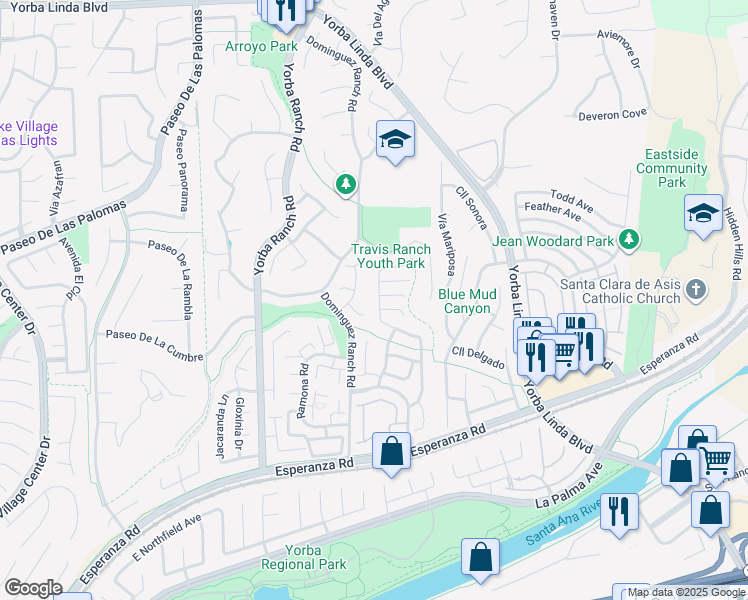map of restaurants, bars, coffee shops, grocery stores, and more near 5585 Vía Del Coyote in Yorba Linda