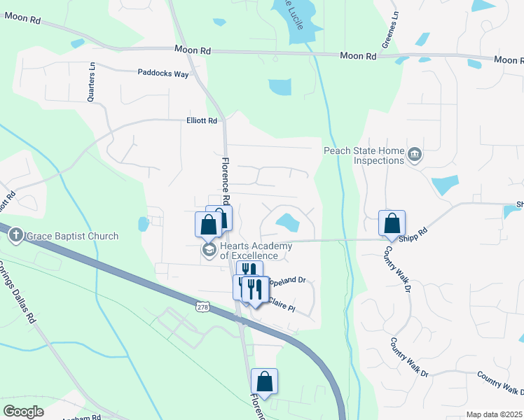 map of restaurants, bars, coffee shops, grocery stores, and more near 5088 Lakewood Way in Powder Springs