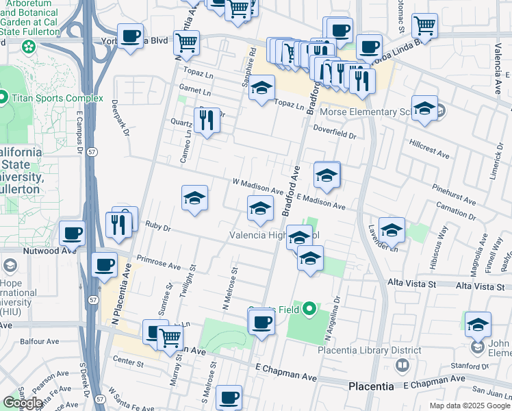 map of restaurants, bars, coffee shops, grocery stores, and more near 916 Diamond Road in Placentia