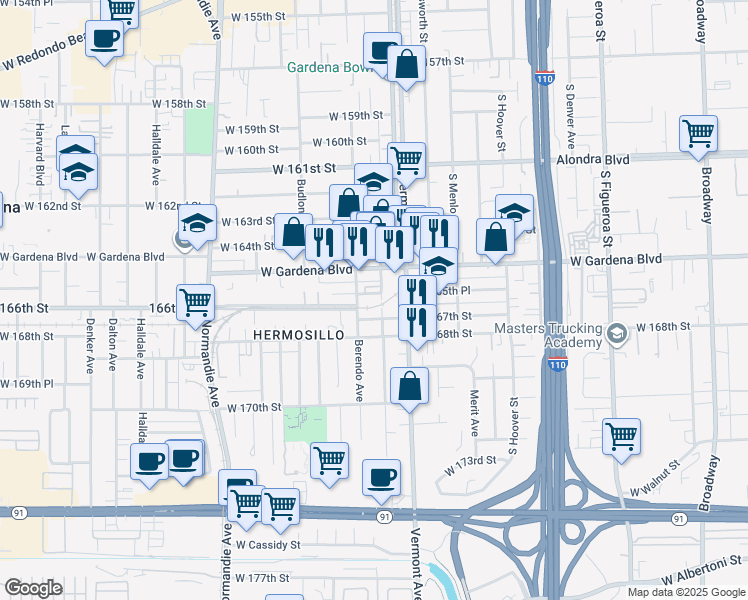 map of restaurants, bars, coffee shops, grocery stores, and more near 1040 West 165th Place in Gardena