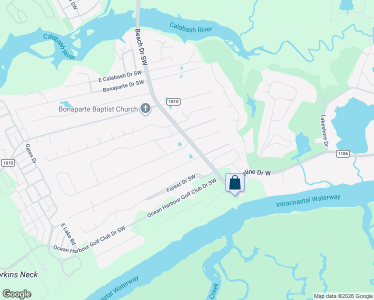 map of restaurants, bars, coffee shops, grocery stores, and more near 1774 Beach Dr SW in Calabash