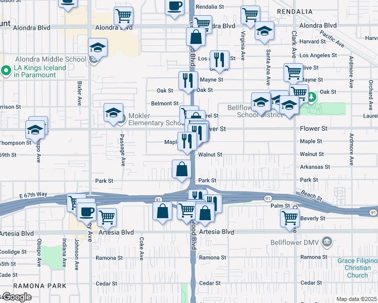 map of restaurants, bars, coffee shops, grocery stores, and more near 16917 Lakewood Boulevard in Bellflower