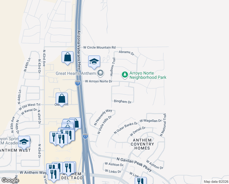 map of restaurants, bars, coffee shops, grocery stores, and more near 3820 West Aracely Drive in Phoenix
