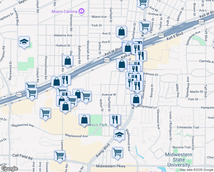 map of restaurants, bars, coffee shops, grocery stores, and more near 3200 Garfield Street in Wichita Falls