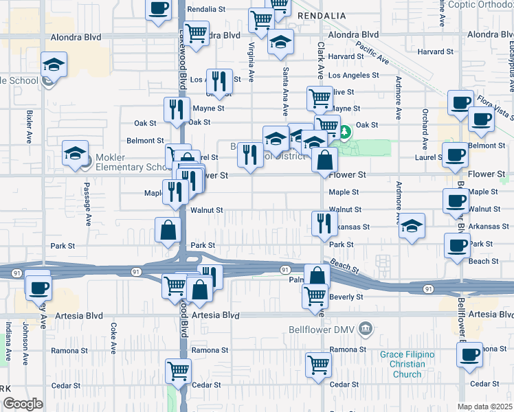 map of restaurants, bars, coffee shops, grocery stores, and more near 9205 Walnut Street in Bellflower