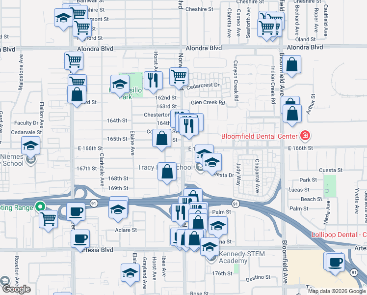 map of restaurants, bars, coffee shops, grocery stores, and more near Norwalk Blvd & 166th St in Cerritos