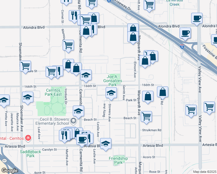 map of restaurants, bars, coffee shops, grocery stores, and more near 16602 Stowers Avenue in Cerritos