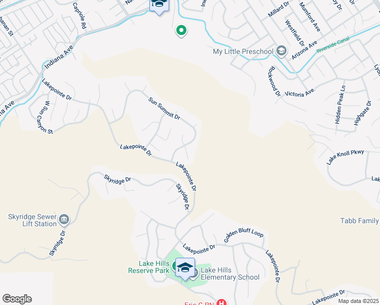 map of restaurants, bars, coffee shops, grocery stores, and more near 16456 High Bluff Court in Riverside