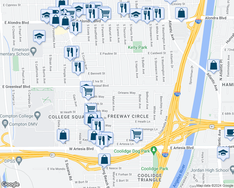 map of restaurants, bars, coffee shops, grocery stores, and more near 211 East 69th Way in Long Beach