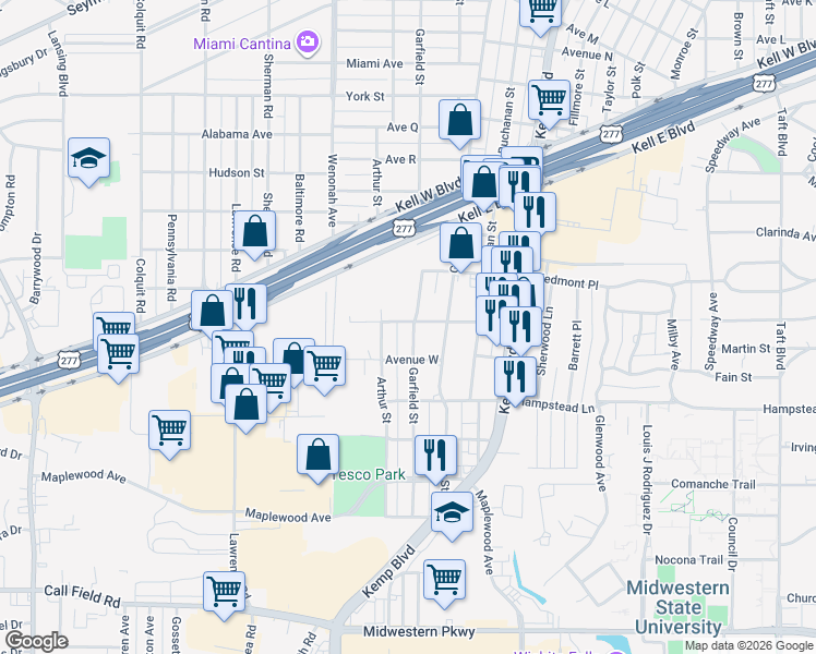 map of restaurants, bars, coffee shops, grocery stores, and more near 3200 Garfield Street in Wichita Falls