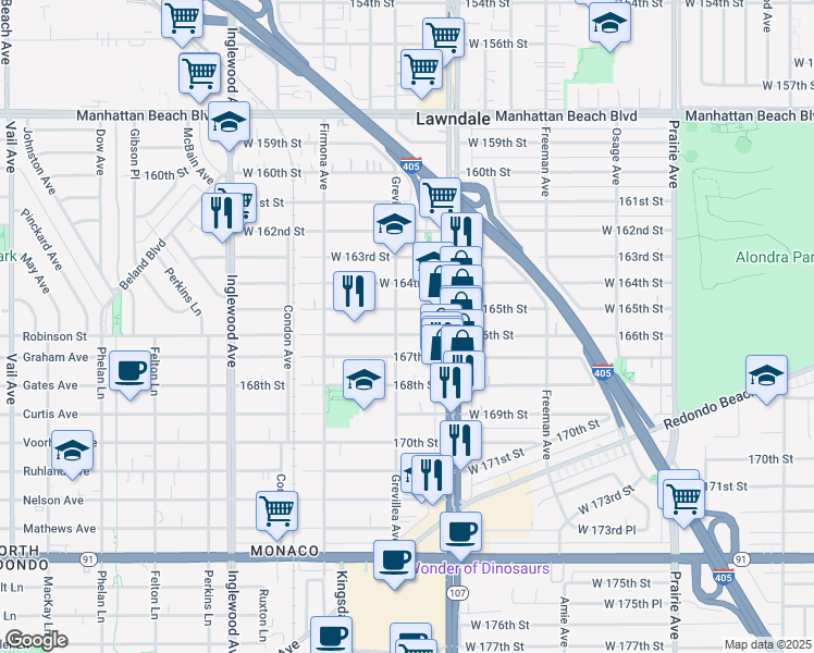 map of restaurants, bars, coffee shops, grocery stores, and more near 4447 166th Street in Lawndale
