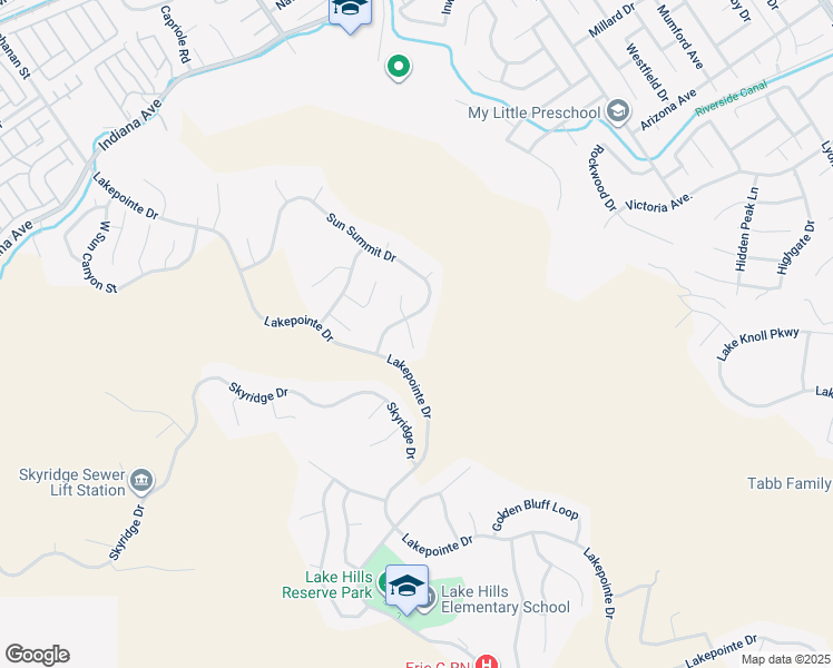 map of restaurants, bars, coffee shops, grocery stores, and more near 16456 High Bluff Court in Riverside