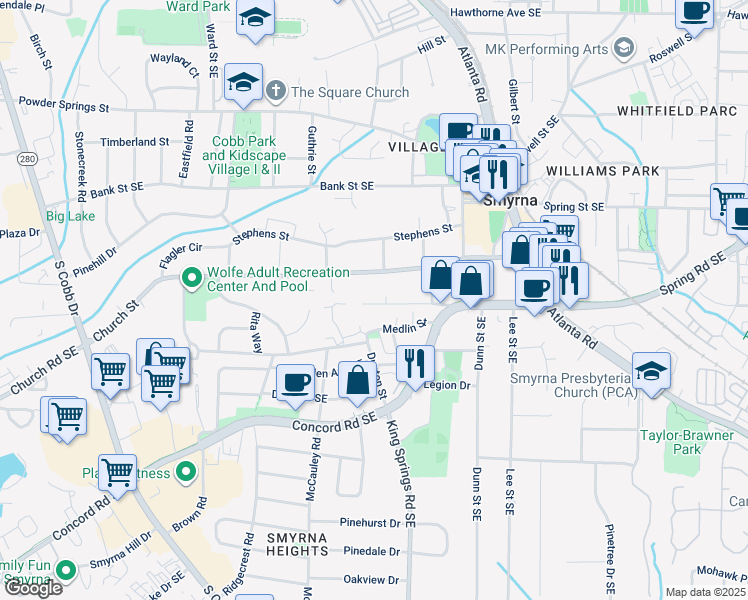 map of restaurants, bars, coffee shops, grocery stores, and more near 1143 Love Street in Smyrna