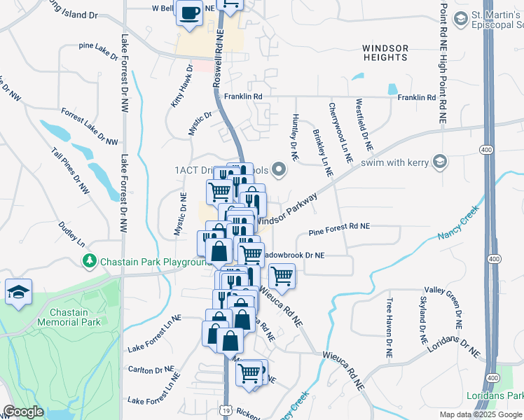 map of restaurants, bars, coffee shops, grocery stores, and more near 230 Windsor Parkway in Sandy Springs