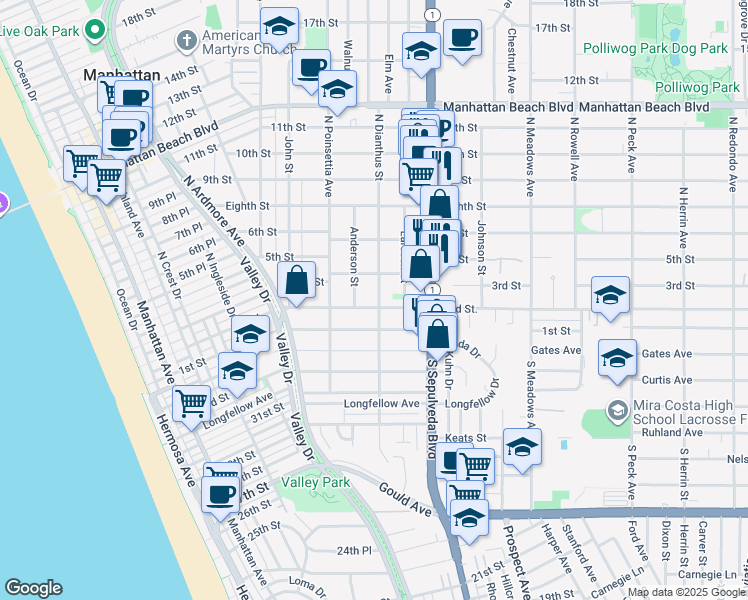 map of restaurants, bars, coffee shops, grocery stores, and more near 207 North Dianthus Street in Manhattan Beach