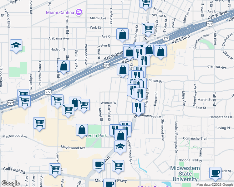 map of restaurants, bars, coffee shops, grocery stores, and more near 3200 Grant Street in Wichita Falls