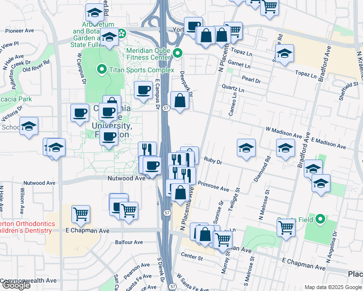 map of restaurants, bars, coffee shops, grocery stores, and more near 2920 East Ruby Drive in Fullerton