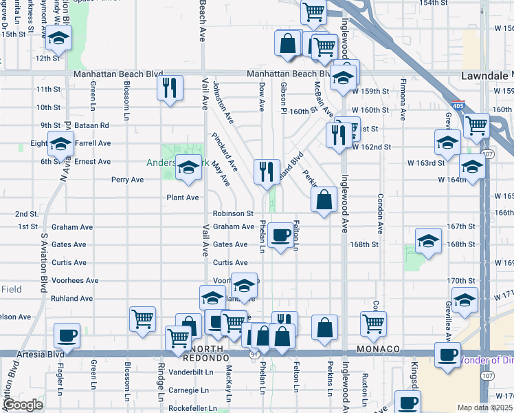 map of restaurants, bars, coffee shops, grocery stores, and more near 2802 Pinckard Avenue in Redondo Beach