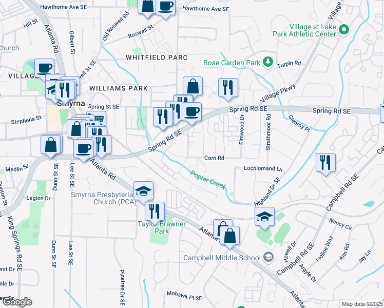 map of restaurants, bars, coffee shops, grocery stores, and more near 2999 Jonquil Drive in Smyrna
