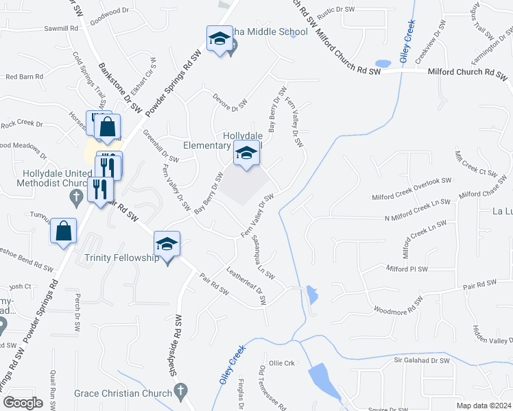 map of restaurants, bars, coffee shops, grocery stores, and more near 3149 Fern Valley Drive Southwest in Marietta