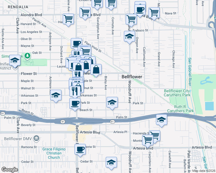 map of restaurants, bars, coffee shops, grocery stores, and more near 16924 Bixby Avenue in Bellflower